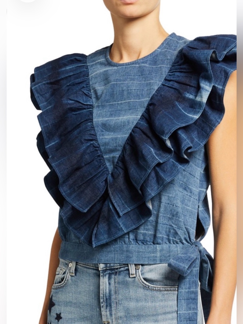 7 For All Mankind Ruffle Wrap Chambray Top / Shirt Size S Retail $178